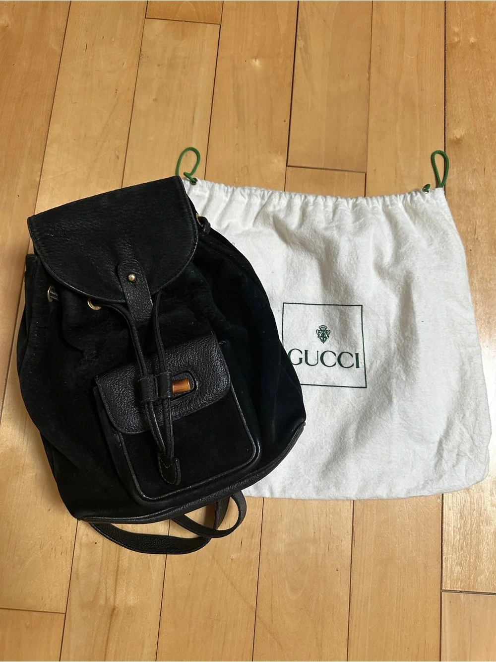 Gucci Black Suede & Leather Backpack with Bamboo Handle Accent